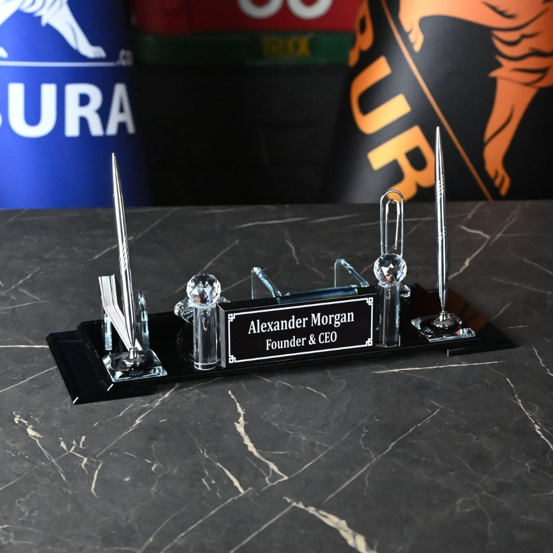 Personalized Crystal Executive Desk Nameplate Set – Black & Silver