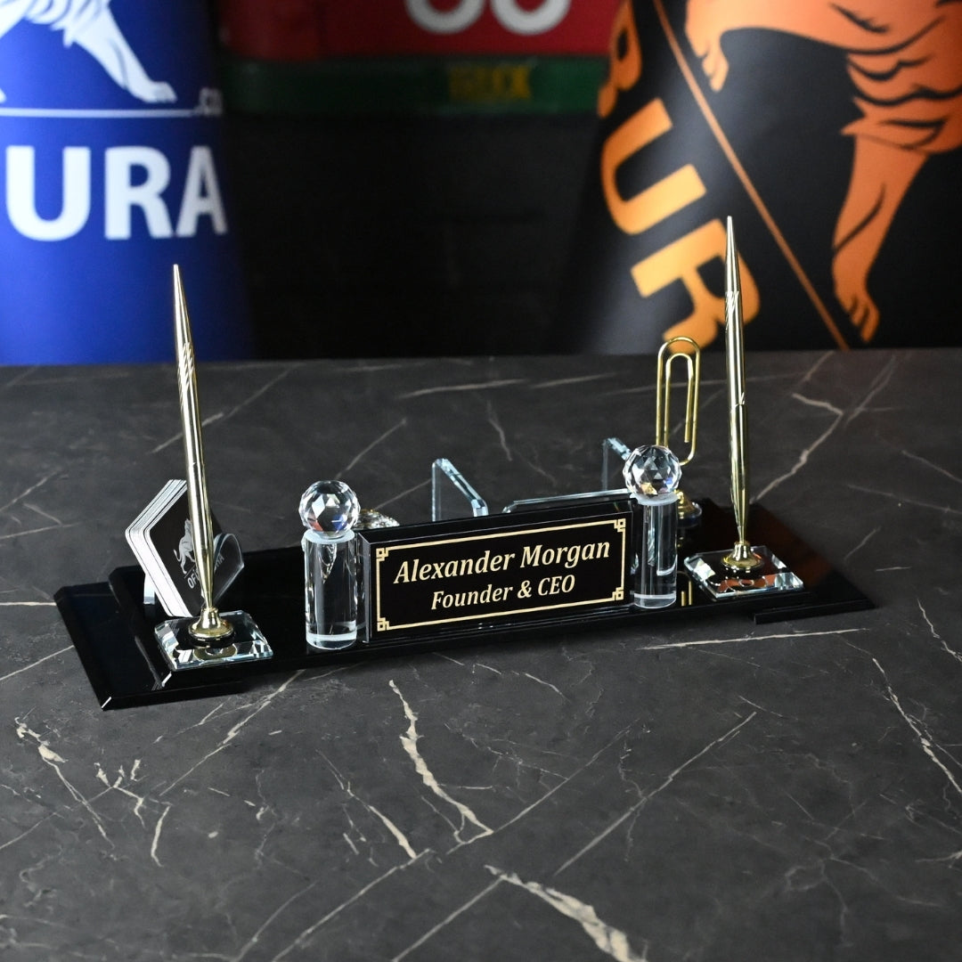 Personalized Crystal Executive Desk Nameplate Set – Black & Gold