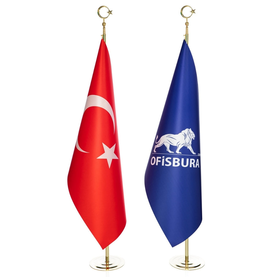 Office Flag Set Gold Pole | Logo & Turkish Flag