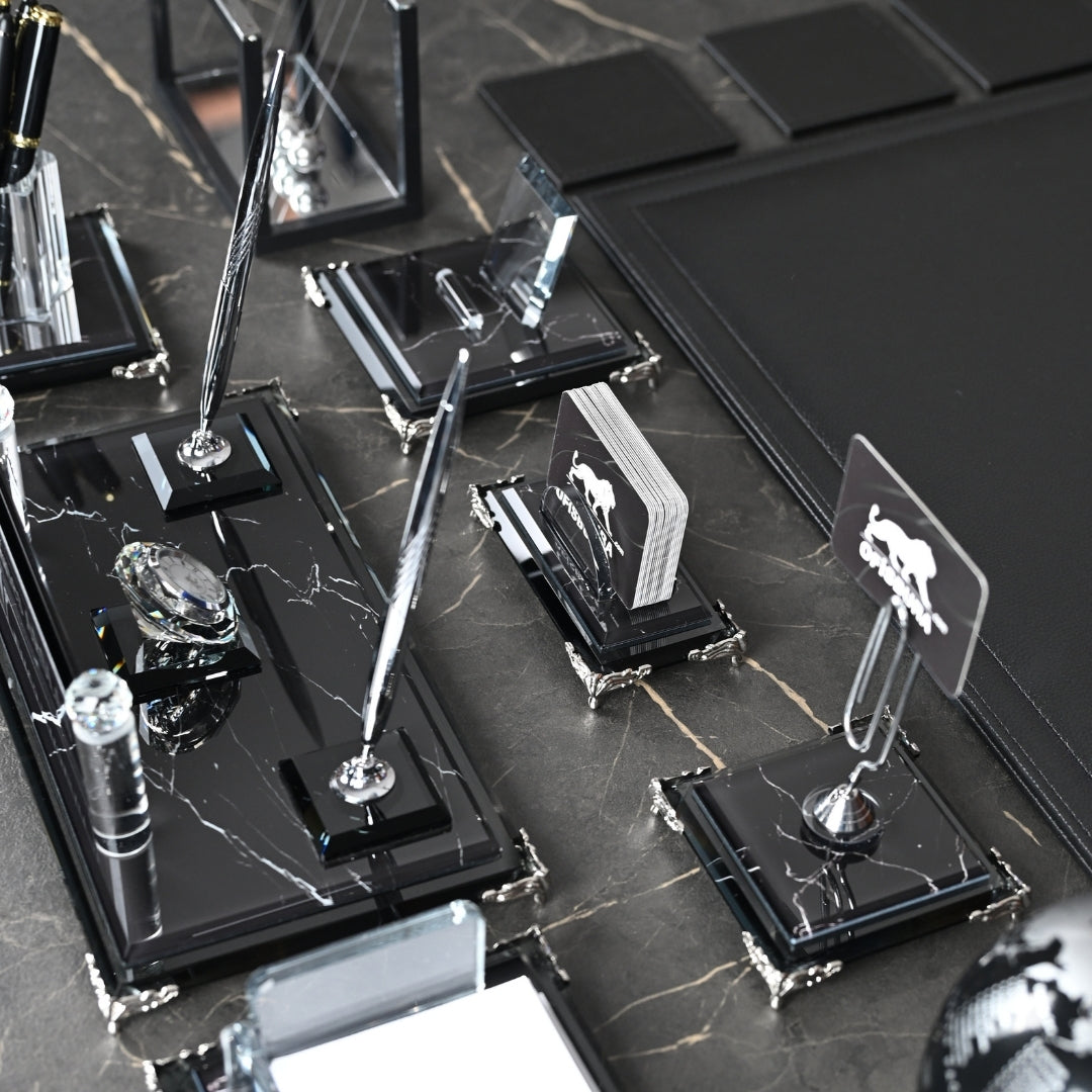 Zebra Black 15-Piece Crystal Executive Desk Set with Personalized Nameplate – Black & Silver