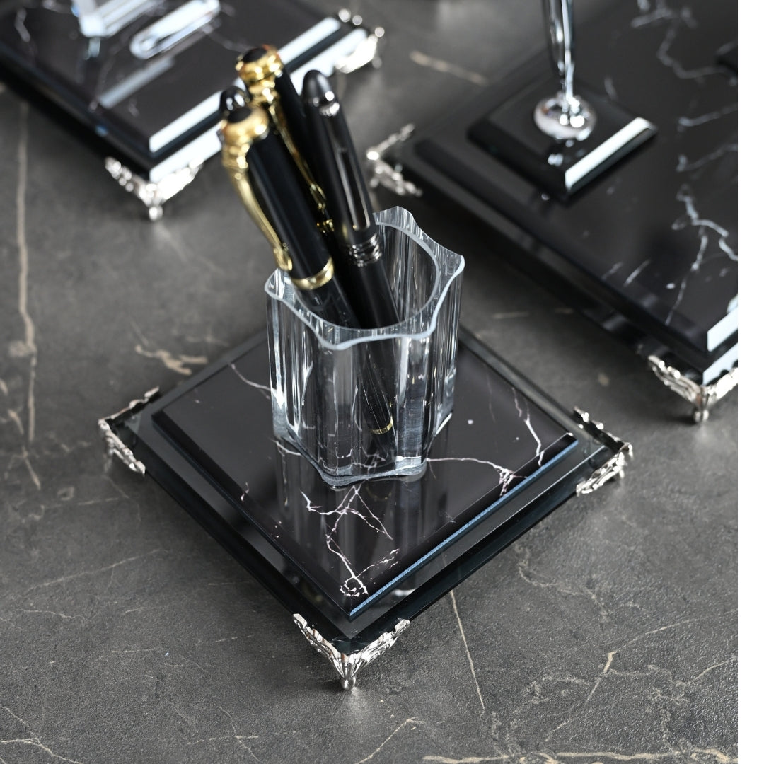 Zebra Black 15-Piece Crystal Executive Desk Set with Personalized Nameplate – Black & Silver
