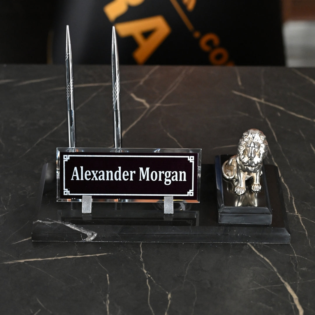 Lion-Figure Black Marble Desk Nameplate Set with Silver Lion Decor & Dual Pen Holder – Personalized