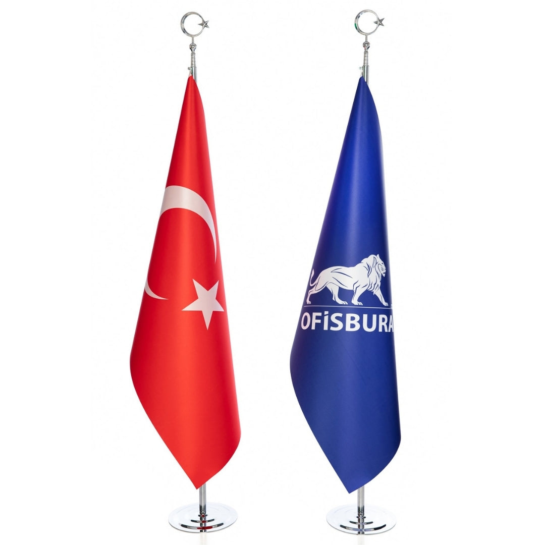 Office Flag Set Chrome Pole | Logo & Turkish Flag