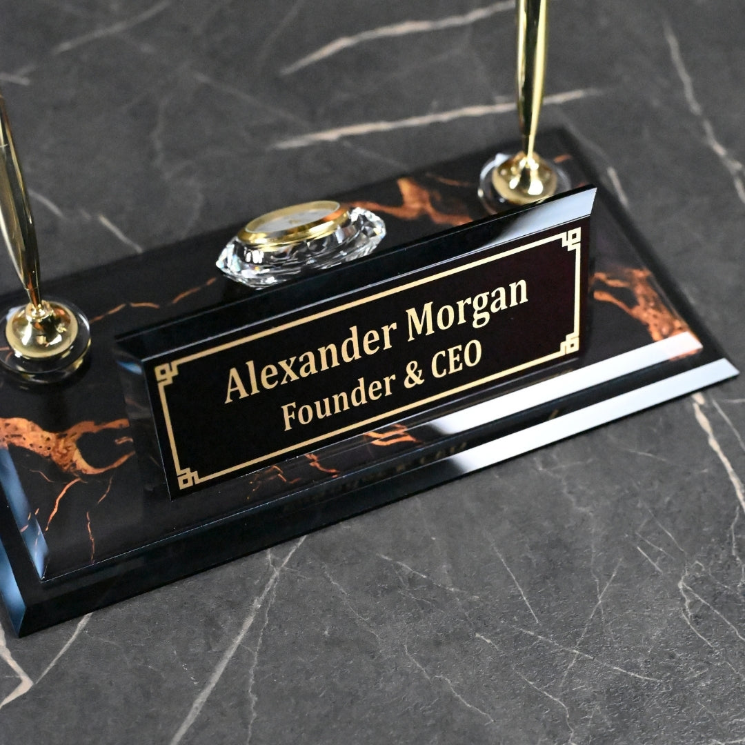 NG Crystal Desktop Nameplate Set with Dual Pen Holder – Personalized