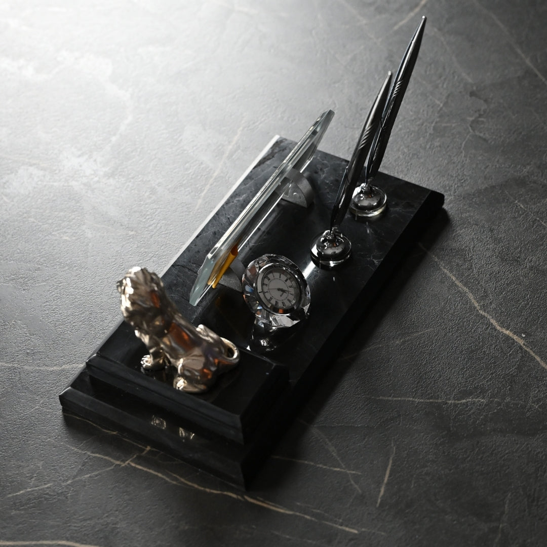 Lion-Figure Black Marble Desk Nameplate Set with Silver Lion Decor & Dual Pen Holder – Personalized