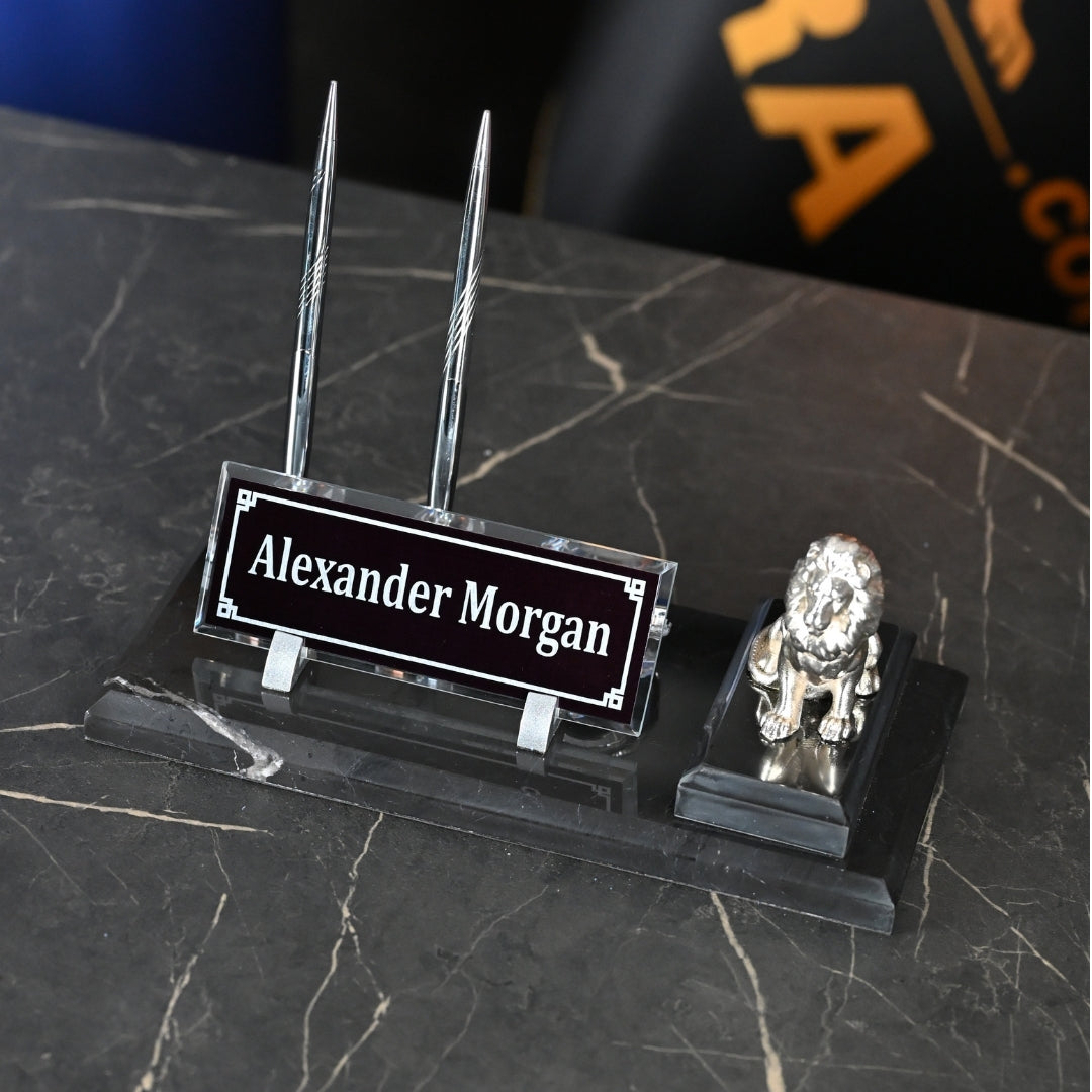 Lion-Figure Black Marble Desk Nameplate Set with Silver Lion Decor & Dual Pen Holder – Personalized