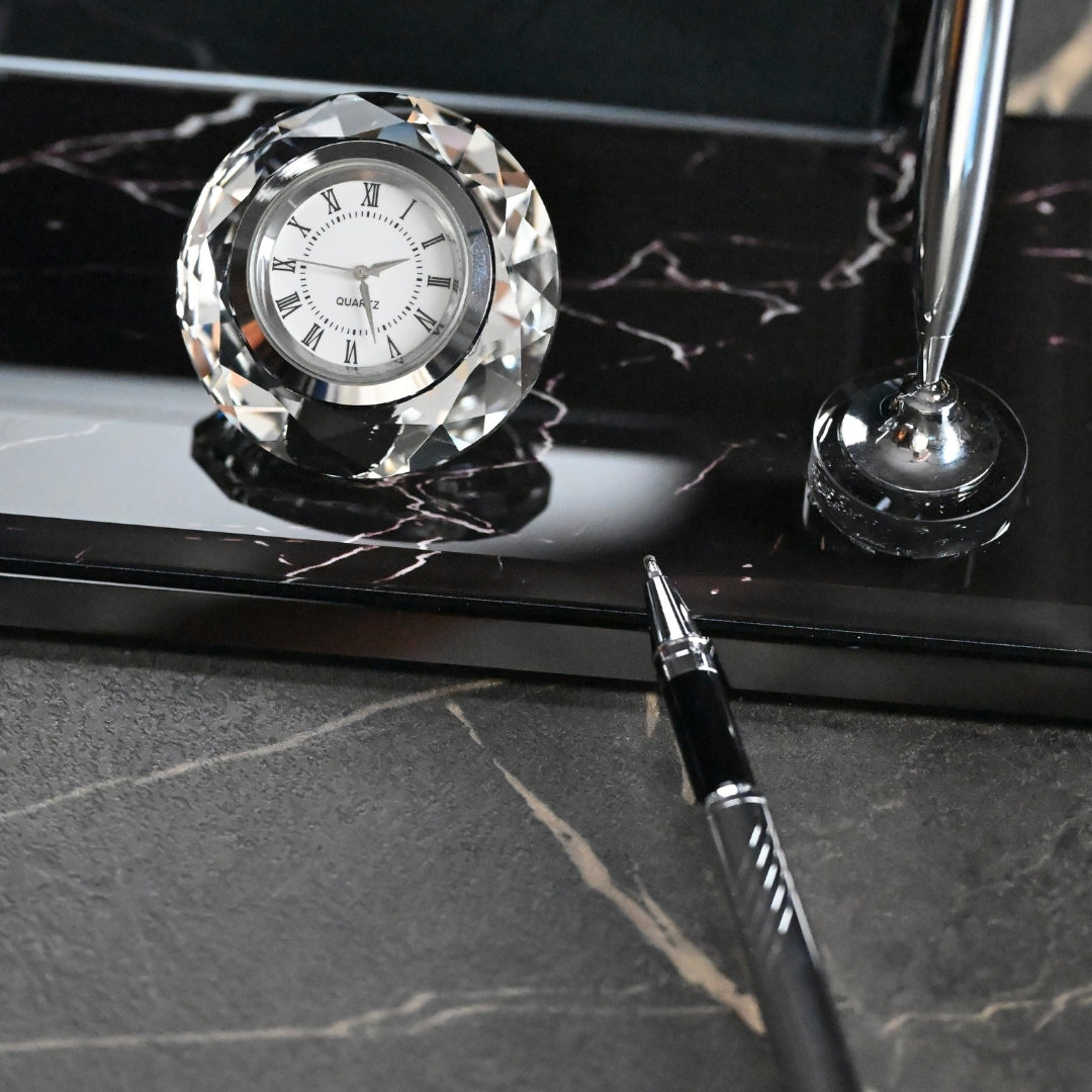 ZB Black Crystal Desk Nameplate – Luxury Office Nameplate with Silver Detail