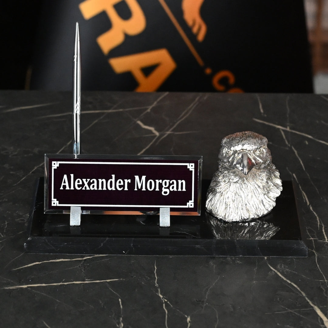 Eagle-Figure Black Marble Desk Nameplate Set with Silver Eagle Decor & Dual Pen Holder – Personalized
