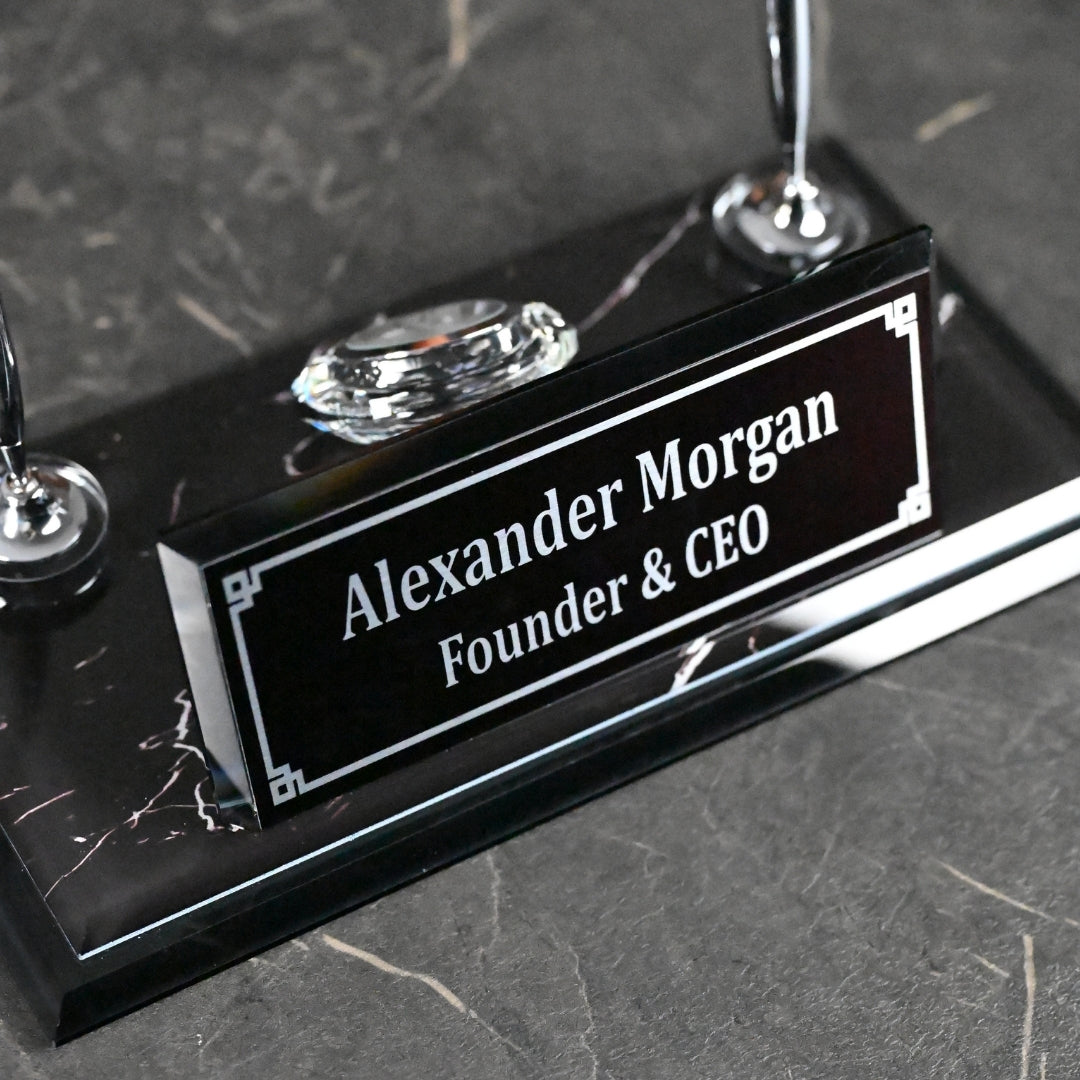 ZB Black Crystal Desk Nameplate – Luxury Office Nameplate with Silver Detail