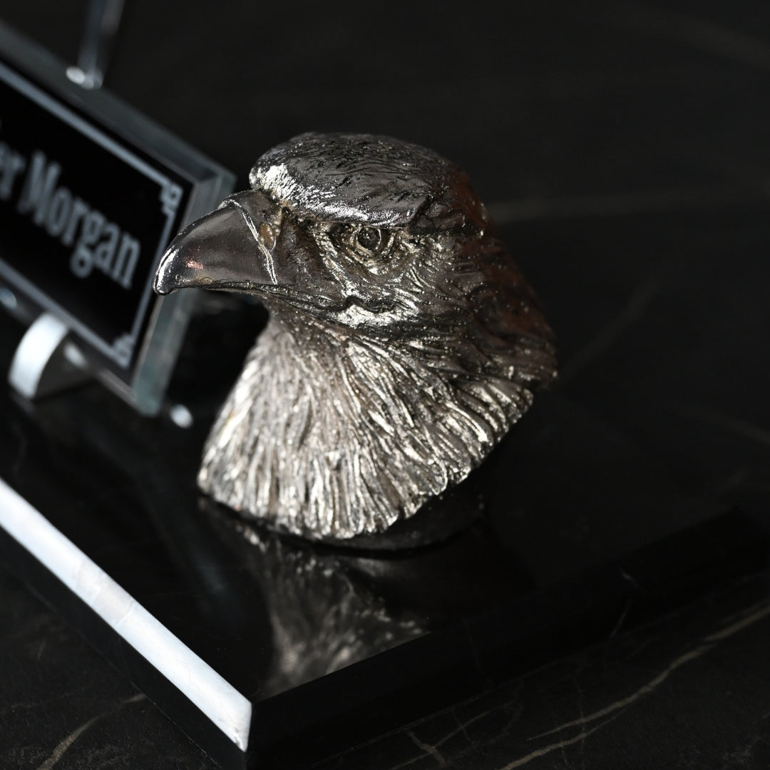 Eagle-Figure Black Marble Desk Nameplate Set with Silver Eagle Decor & Dual Pen Holder – Personalized