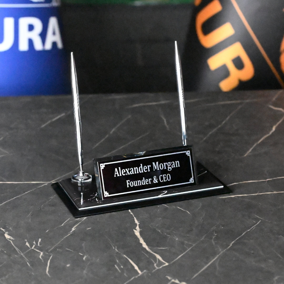 ZB Black Crystal Desk Nameplate – Luxury Office Nameplate with Silver Detail