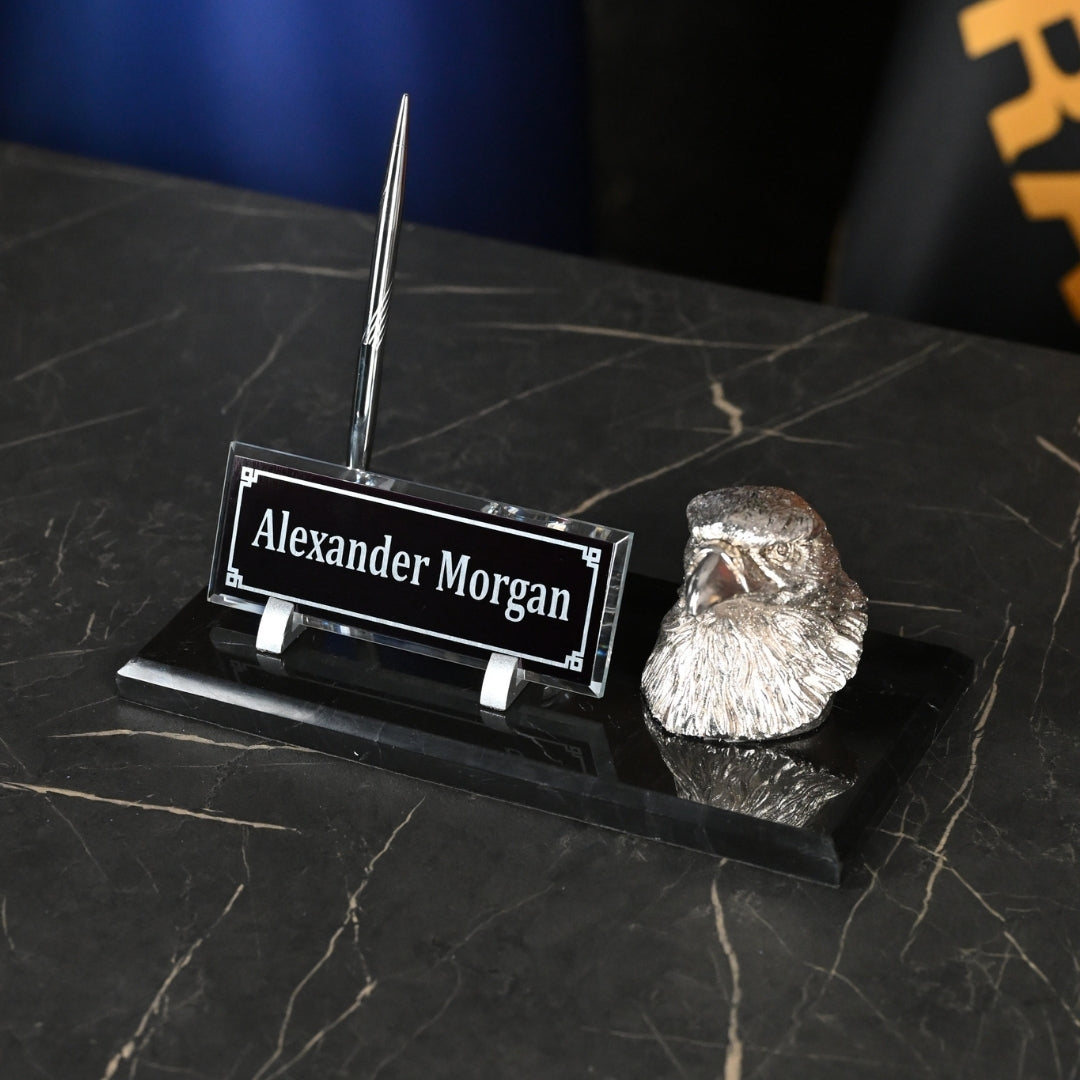 Eagle-Figure Black Marble Desk Nameplate Set with Silver Eagle Decor & Dual Pen Holder – Personalized