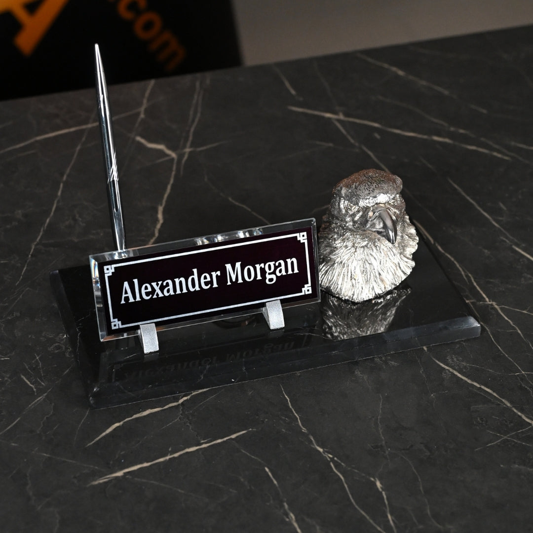 Eagle-Figure Black Marble Desk Nameplate Set with Silver Eagle Decor & Dual Pen Holder – Personalized
