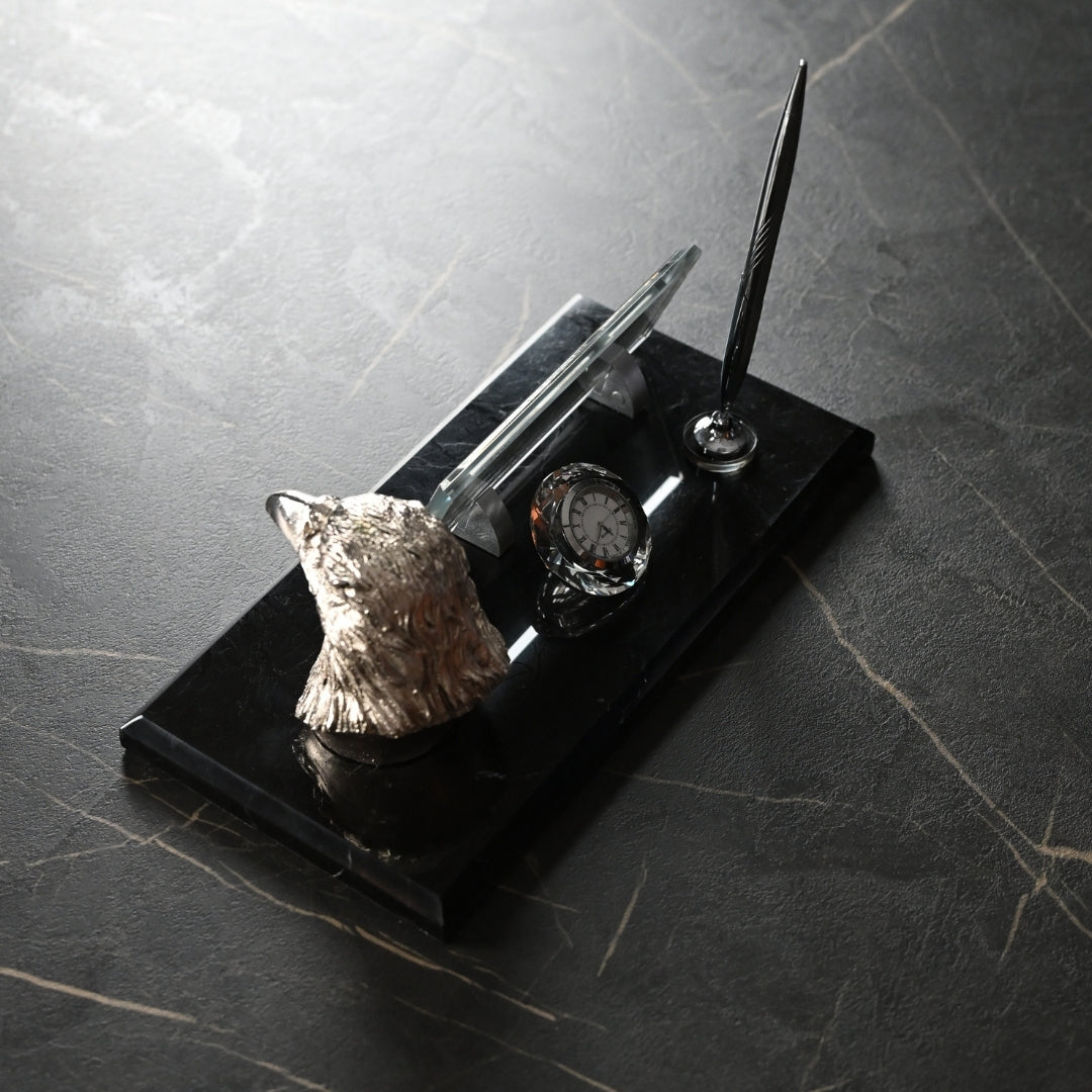 Eagle-Figure Black Marble Desk Nameplate Set with Silver Eagle Decor & Dual Pen Holder – Personalized