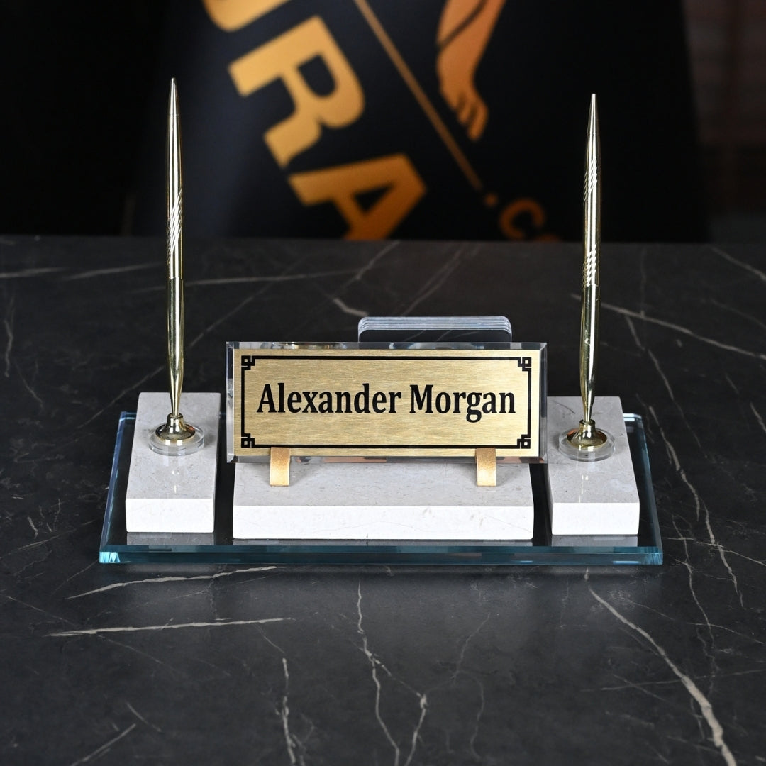 Ephesus Cream Natural Marble Desk Nameplate Set with Clock & Dual Pen Holder – Personalized