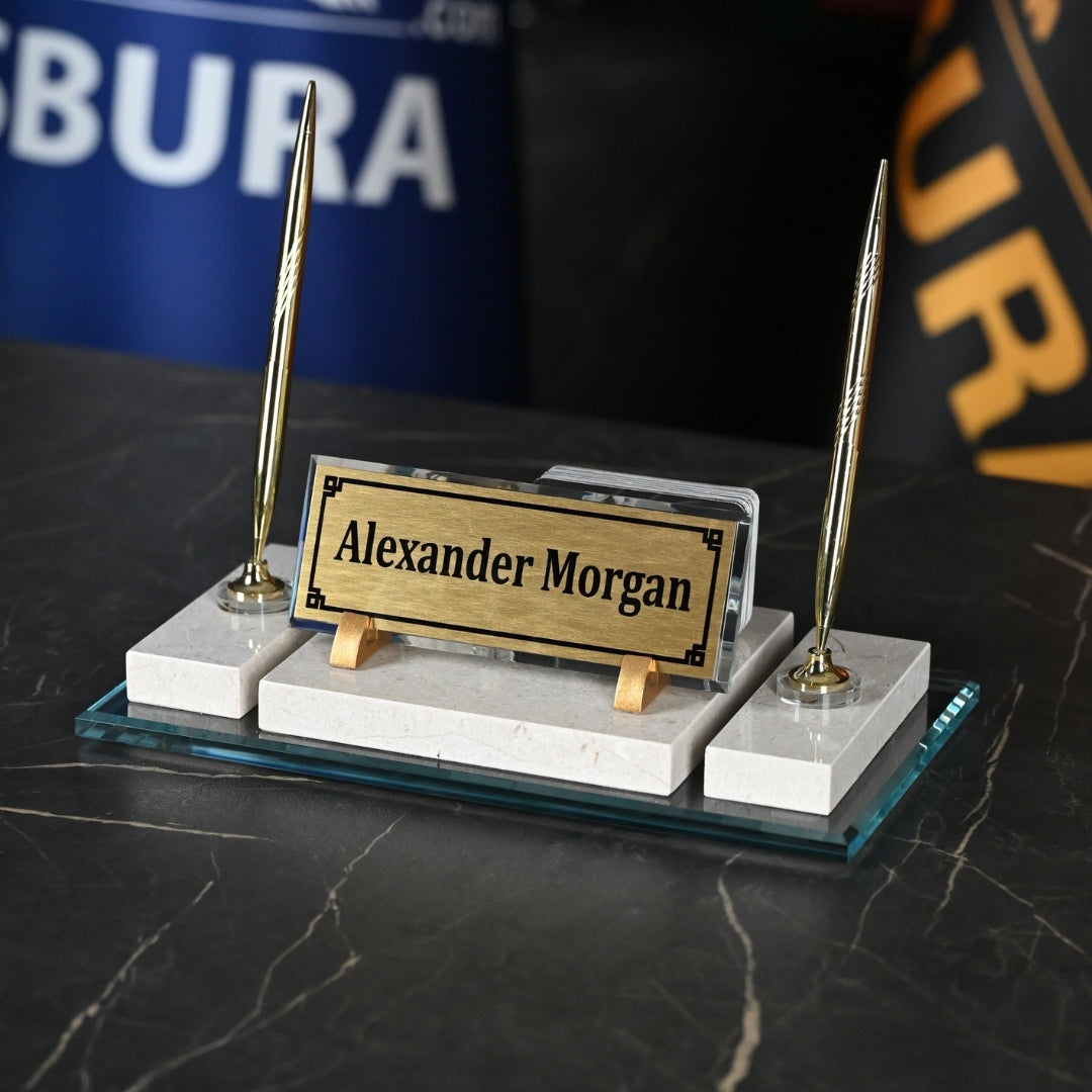 Ephesus Cream Natural Marble Desk Nameplate Set with Clock & Dual Pen Holder – Personalized