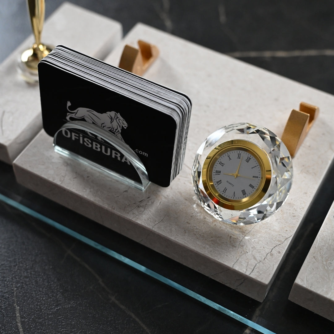 Ephesus Cream Natural Marble Desk Nameplate Set with Clock & Dual Pen Holder – Personalized