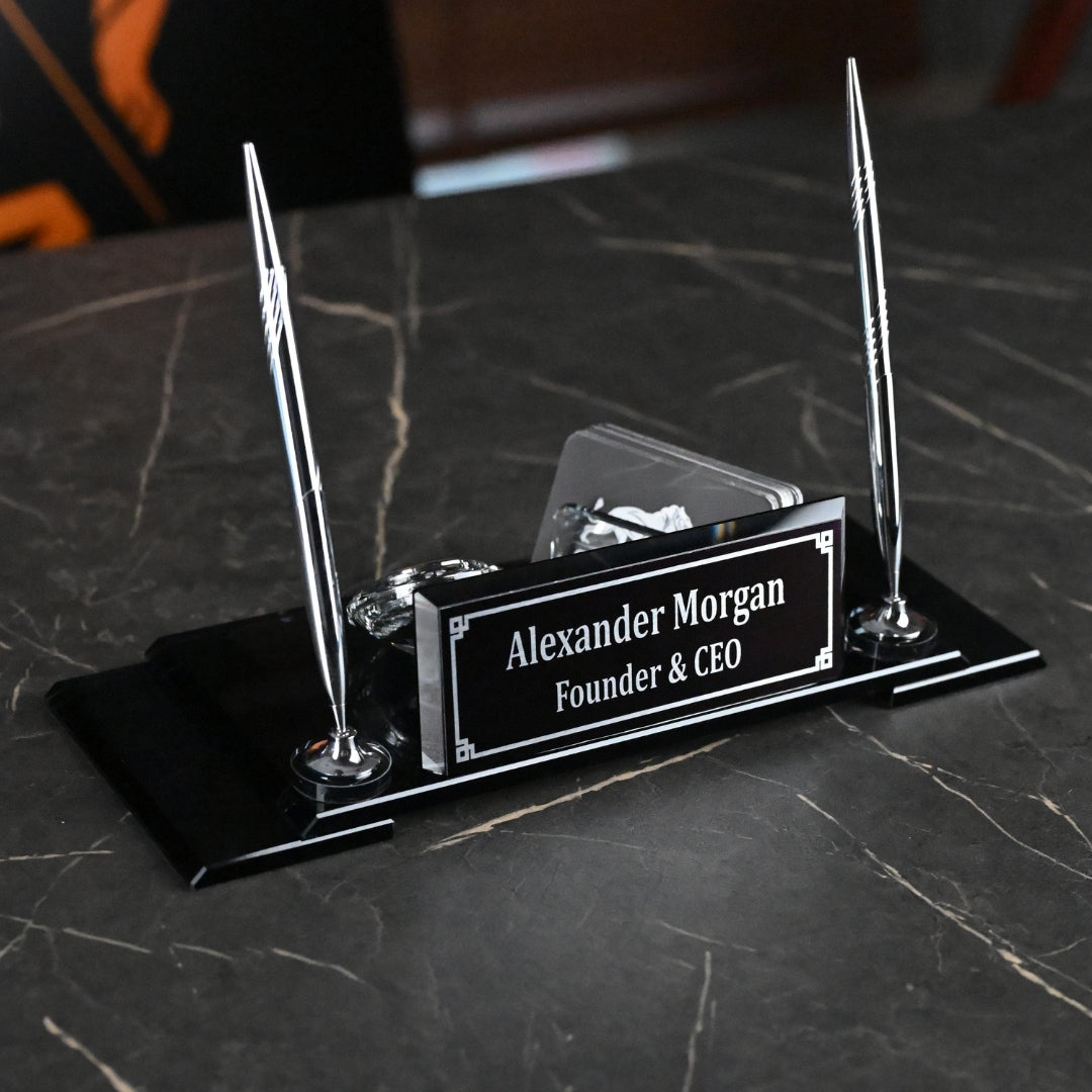 VIP Black Crystal Desk Nameplate Set with Dual Pen Holder – Personalized