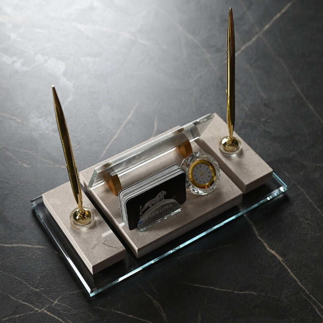 Ephesus Cream Natural Marble Desk Nameplate Set with Clock & Dual Pen Holder – Personalized