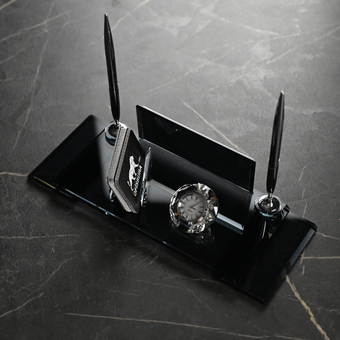 VIP Black Crystal Desk Nameplate Set with Dual Pen Holder – Personalized