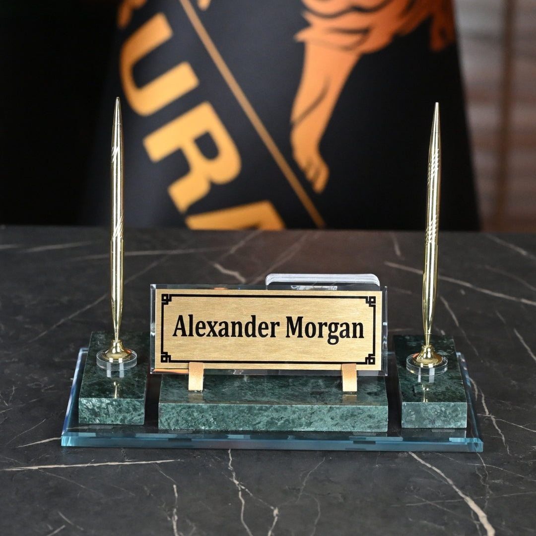 Ephesus Emerald Green Marble Desk Nameplate Set with Clock & Dual Pen Holder – Personalized