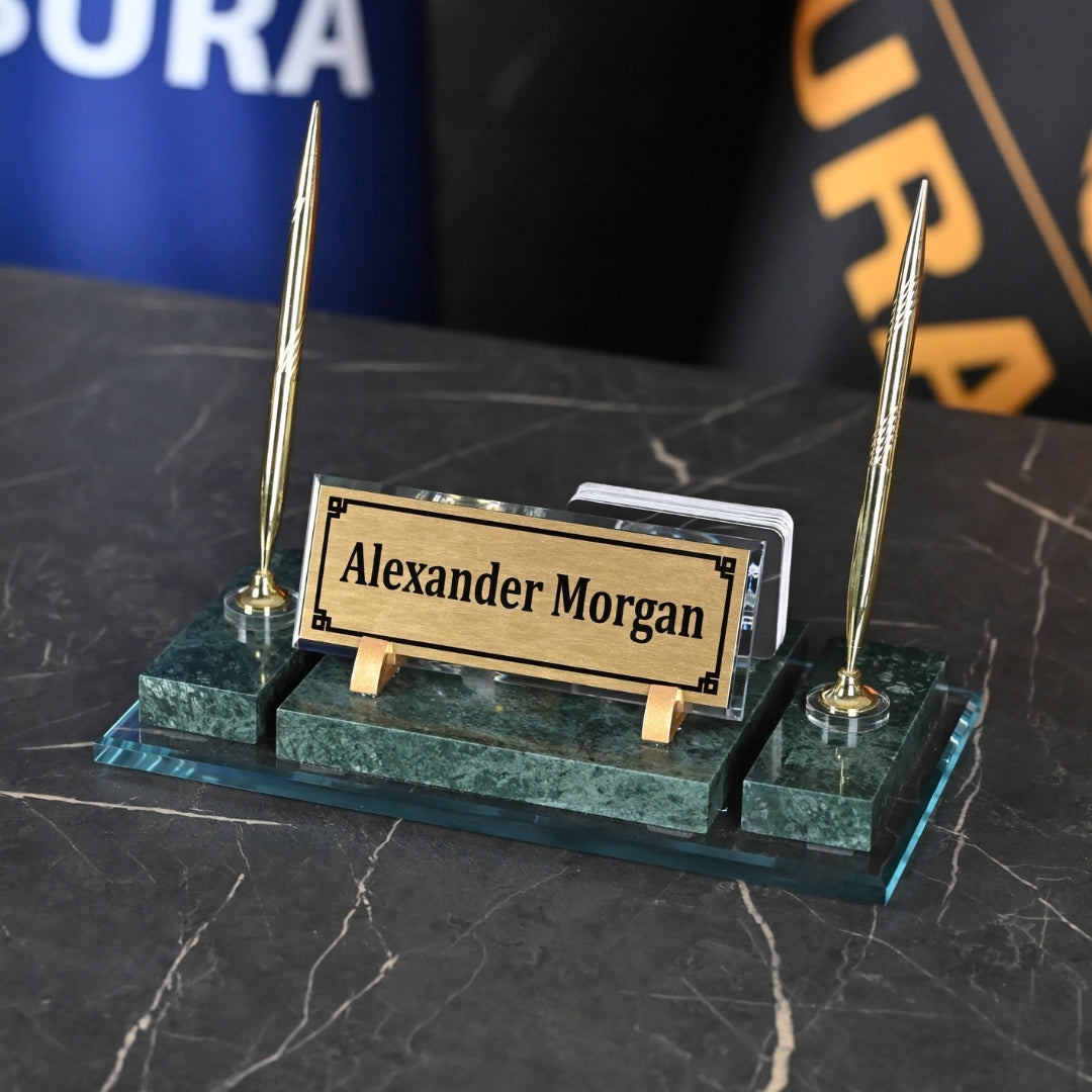 Ephesus Emerald Green Marble Desk Nameplate Set with Clock & Dual Pen Holder – Personalized