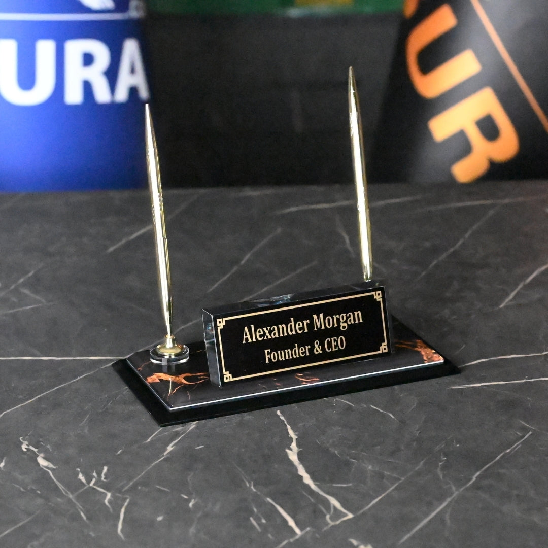 NG Crystal Desktop Nameplate Set with Dual Pen Holder – Personalized