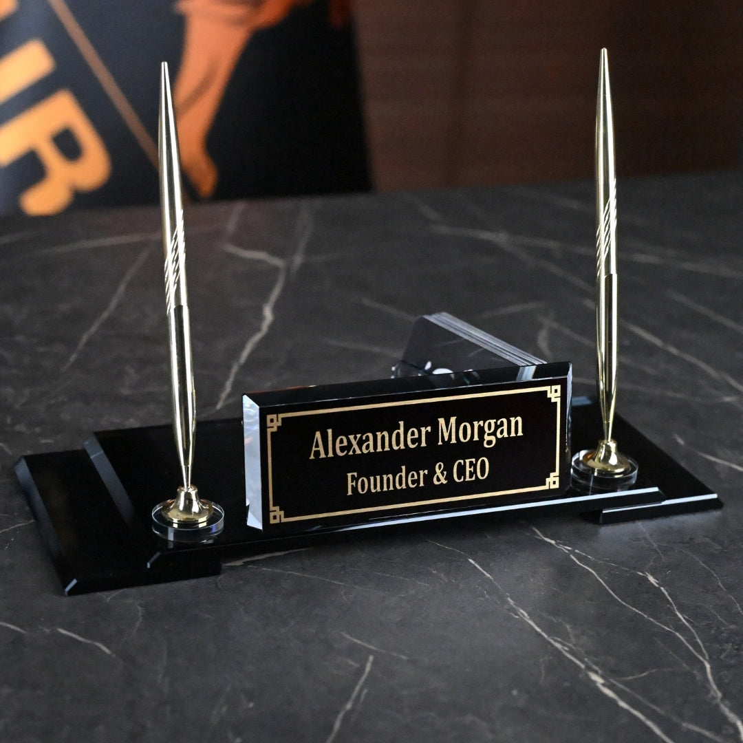 VIP Black Crystal Desk Nameplate Set with Dual Pen Holder – Personalized