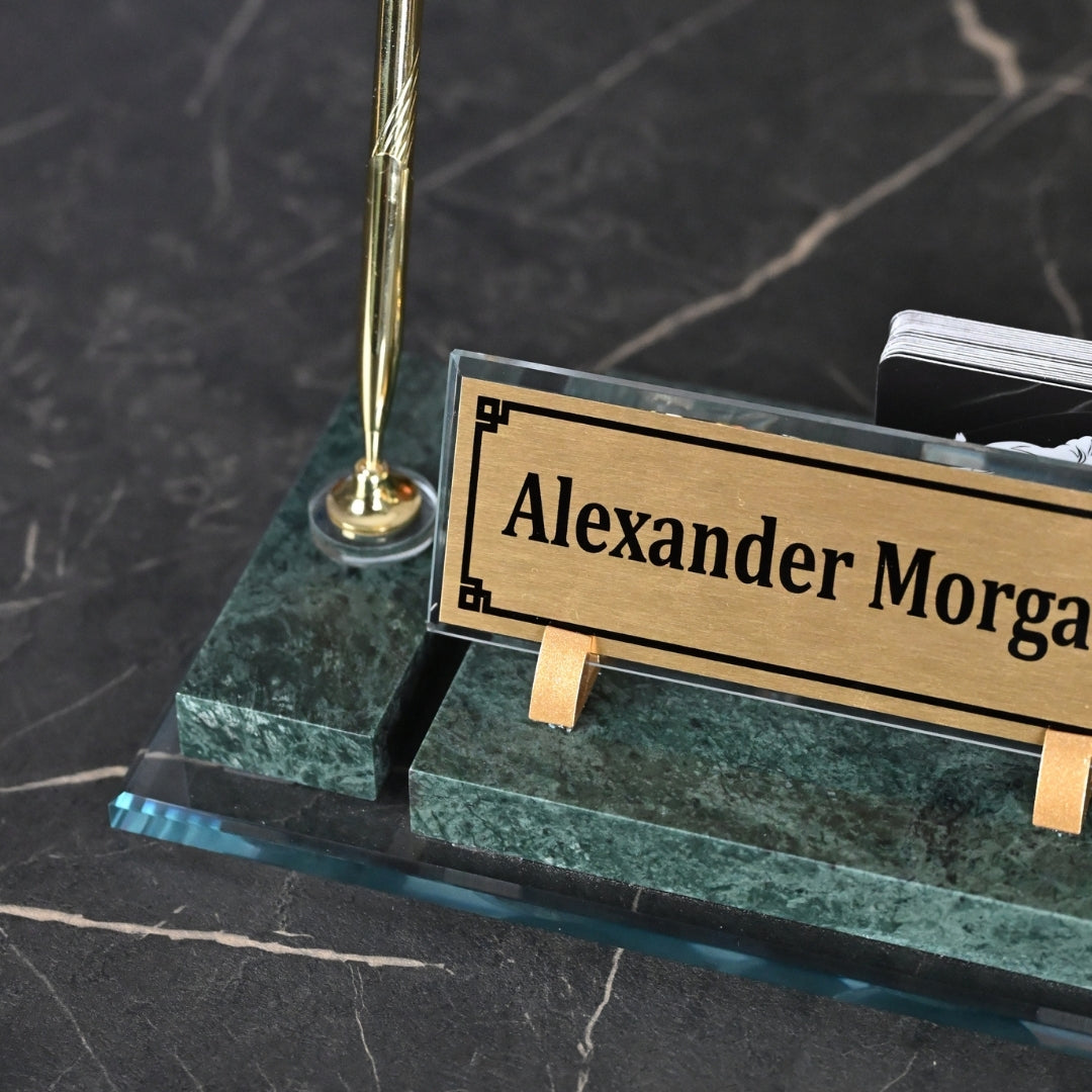 Ephesus Emerald Green Marble Desk Nameplate Set with Clock & Dual Pen Holder – Personalized