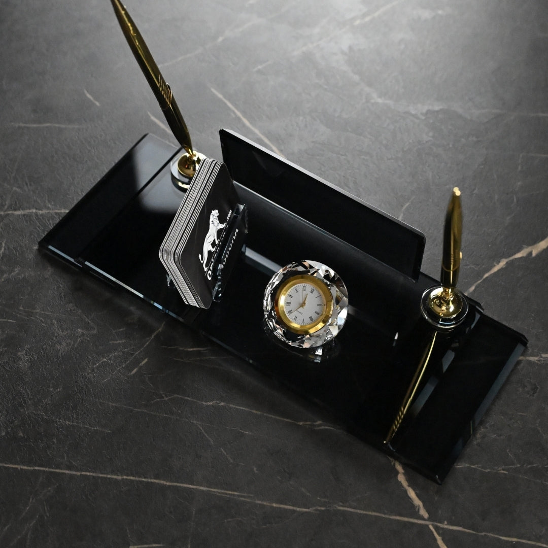 VIP Black Crystal Desk Nameplate Set with Dual Pen Holder – Personalized