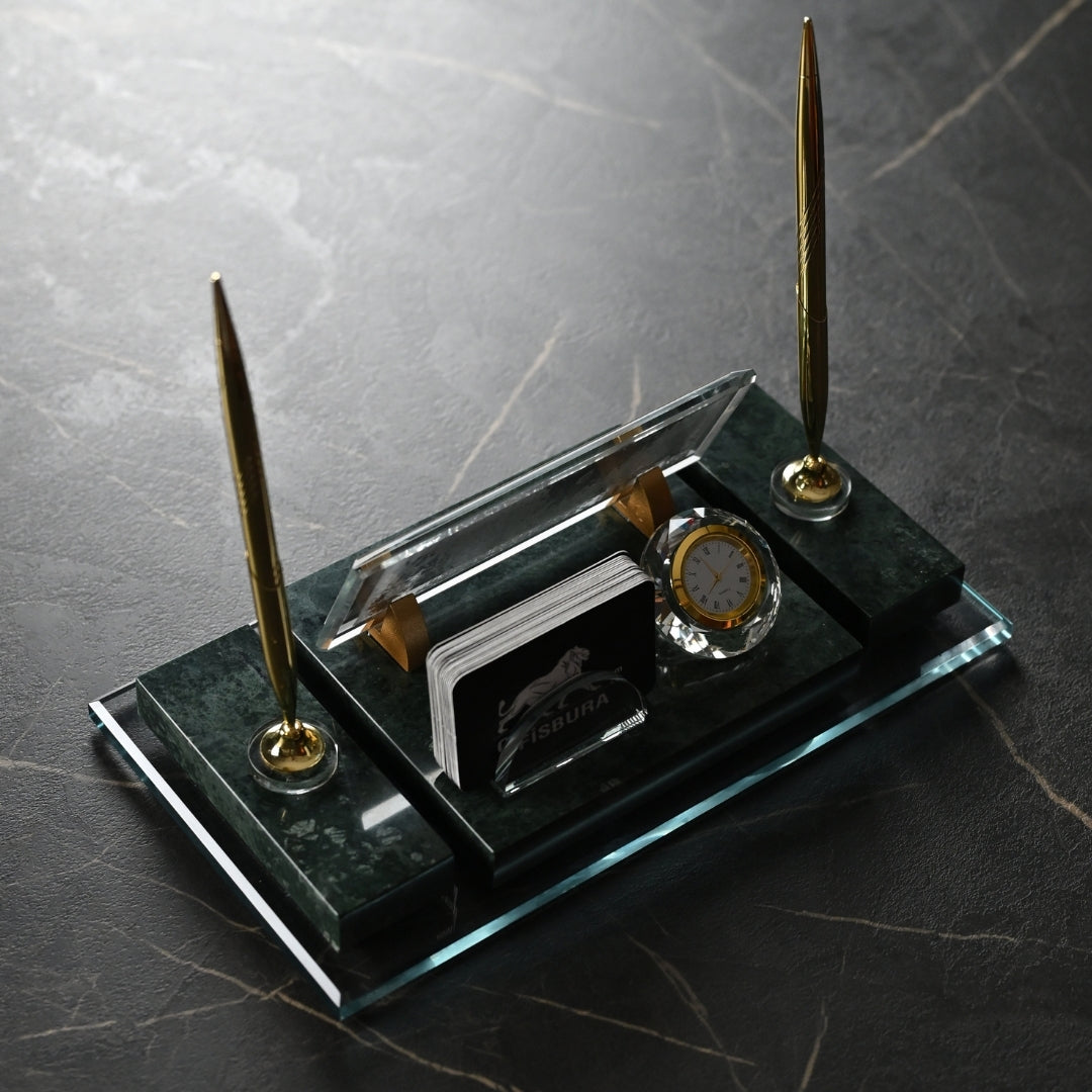 Ephesus Emerald Green Marble Desk Nameplate Set with Clock & Dual Pen Holder – Personalized