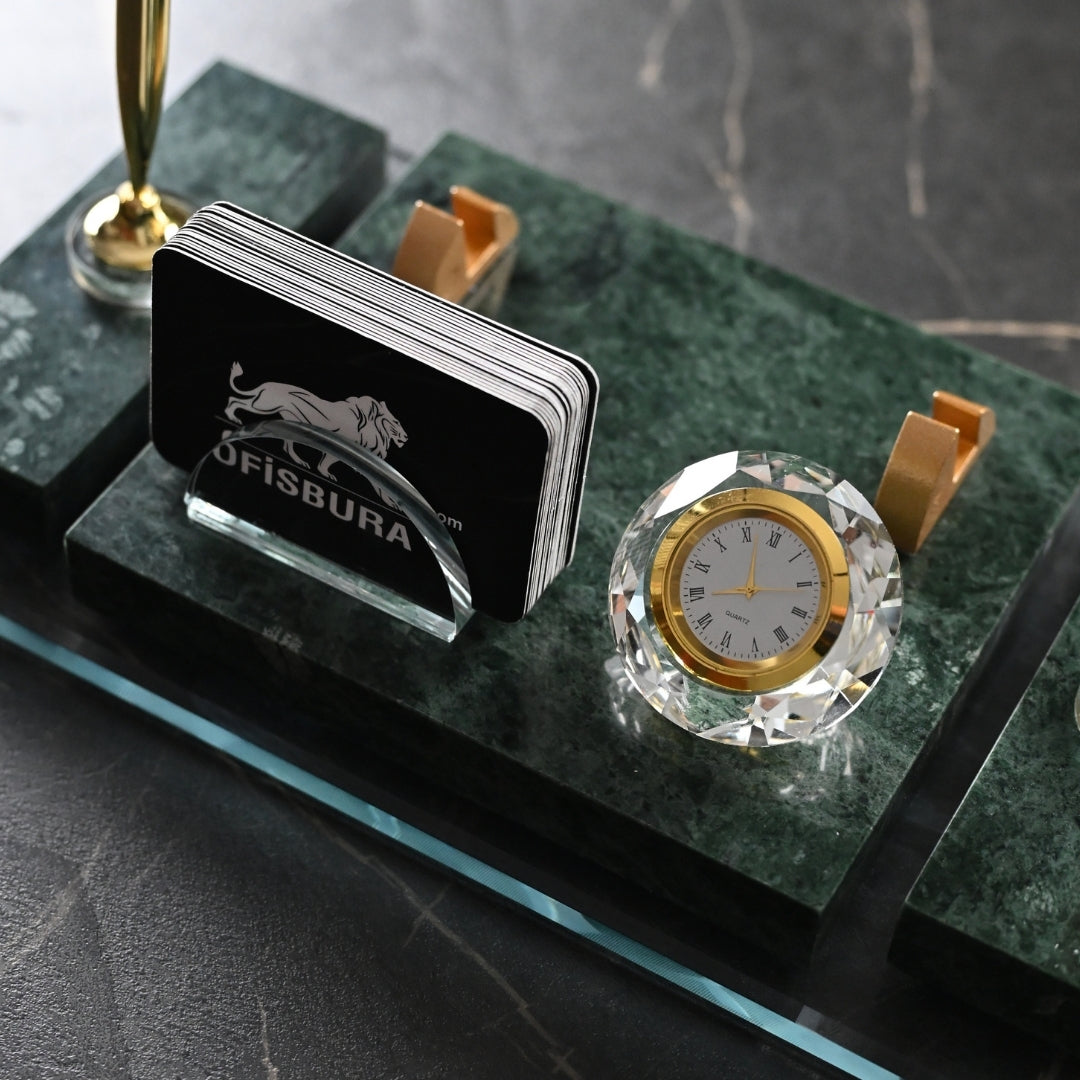 Ephesus Emerald Green Marble Desk Nameplate Set with Clock & Dual Pen Holder – Personalized