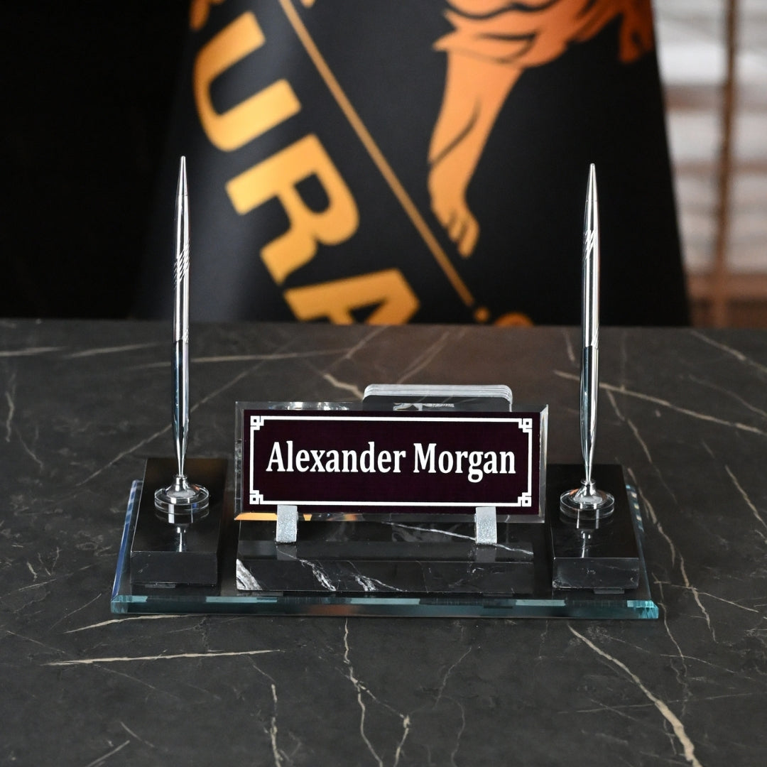 Ephesus Black Marble Desk Nameplate Set with Clock & Dual Pen Holder – Personalized