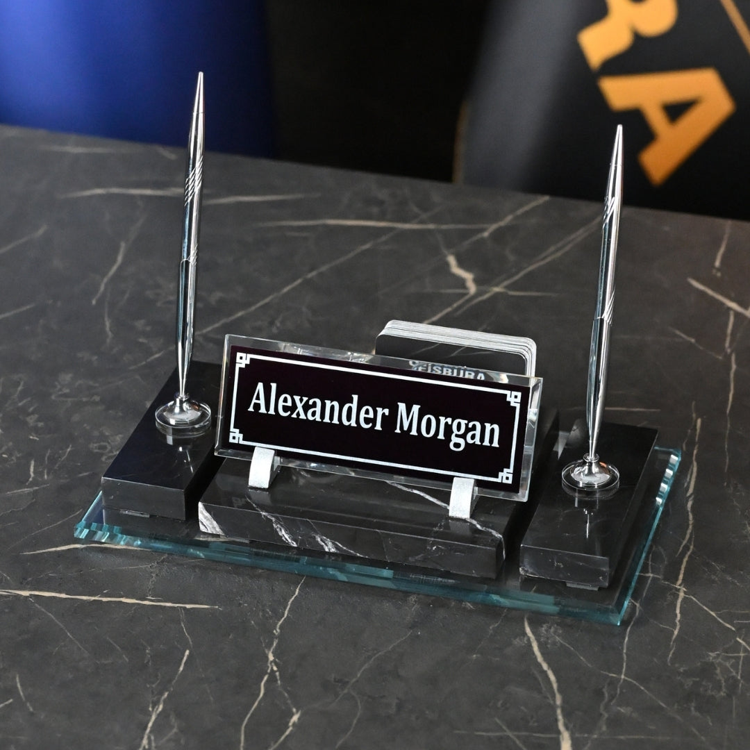 Ephesus Black Marble Desk Nameplate Set with Clock & Dual Pen Holder – Personalized