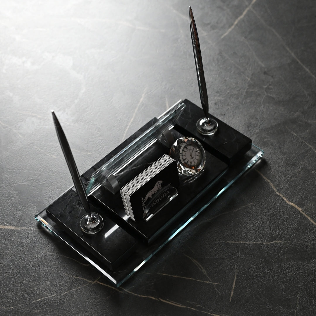 Ephesus Black Marble Desk Nameplate Set with Clock & Dual Pen Holder – Personalized