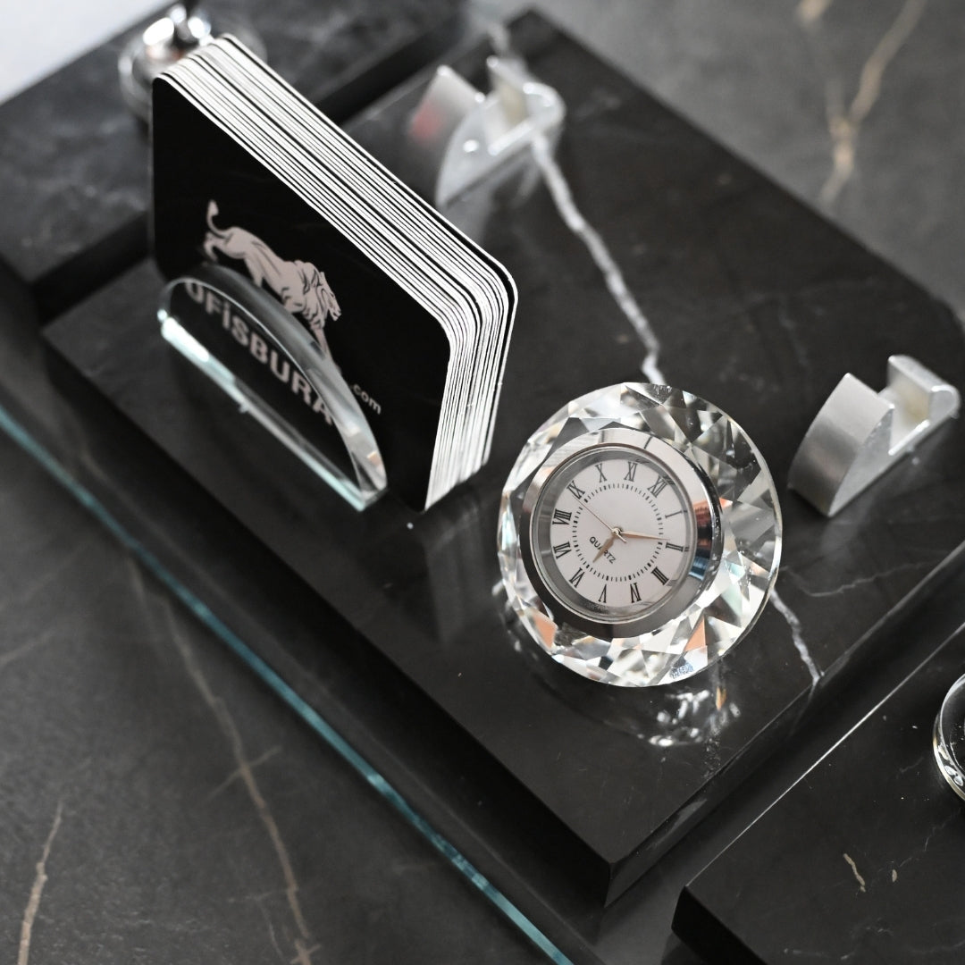 Ephesus Black Marble Desk Nameplate Set with Clock & Dual Pen Holder – Personalized