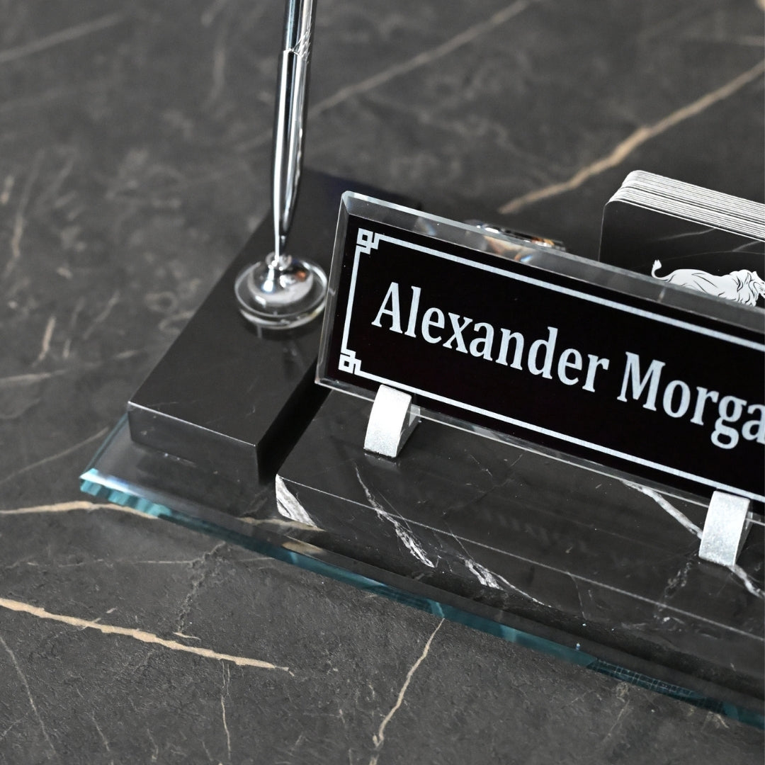 Ephesus Black Marble Desk Nameplate Set with Clock & Dual Pen Holder – Personalized