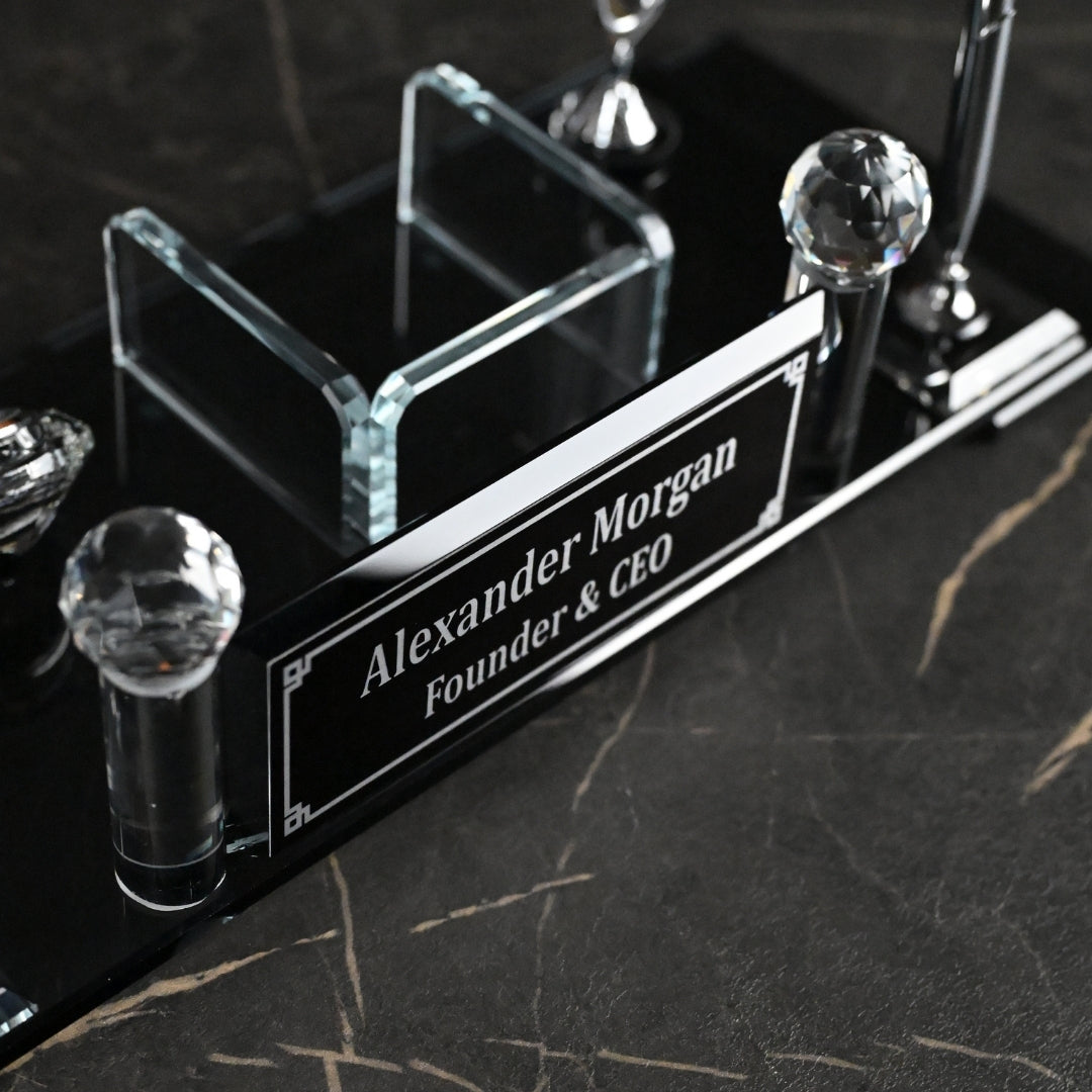 Personalized Crystal Executive Desk Nameplate Set – Black & Silver