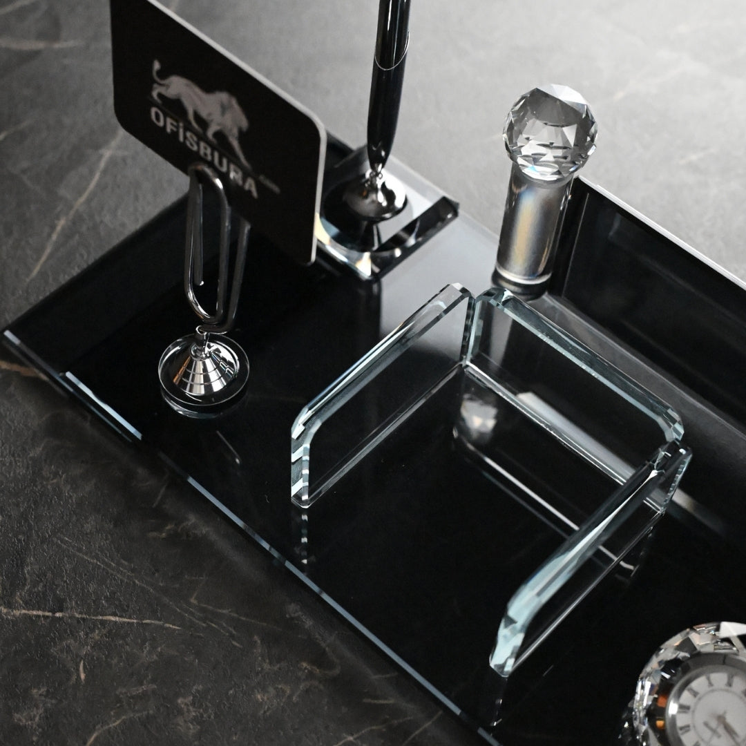 Personalized Crystal Executive Desk Nameplate Set – Black & Silver