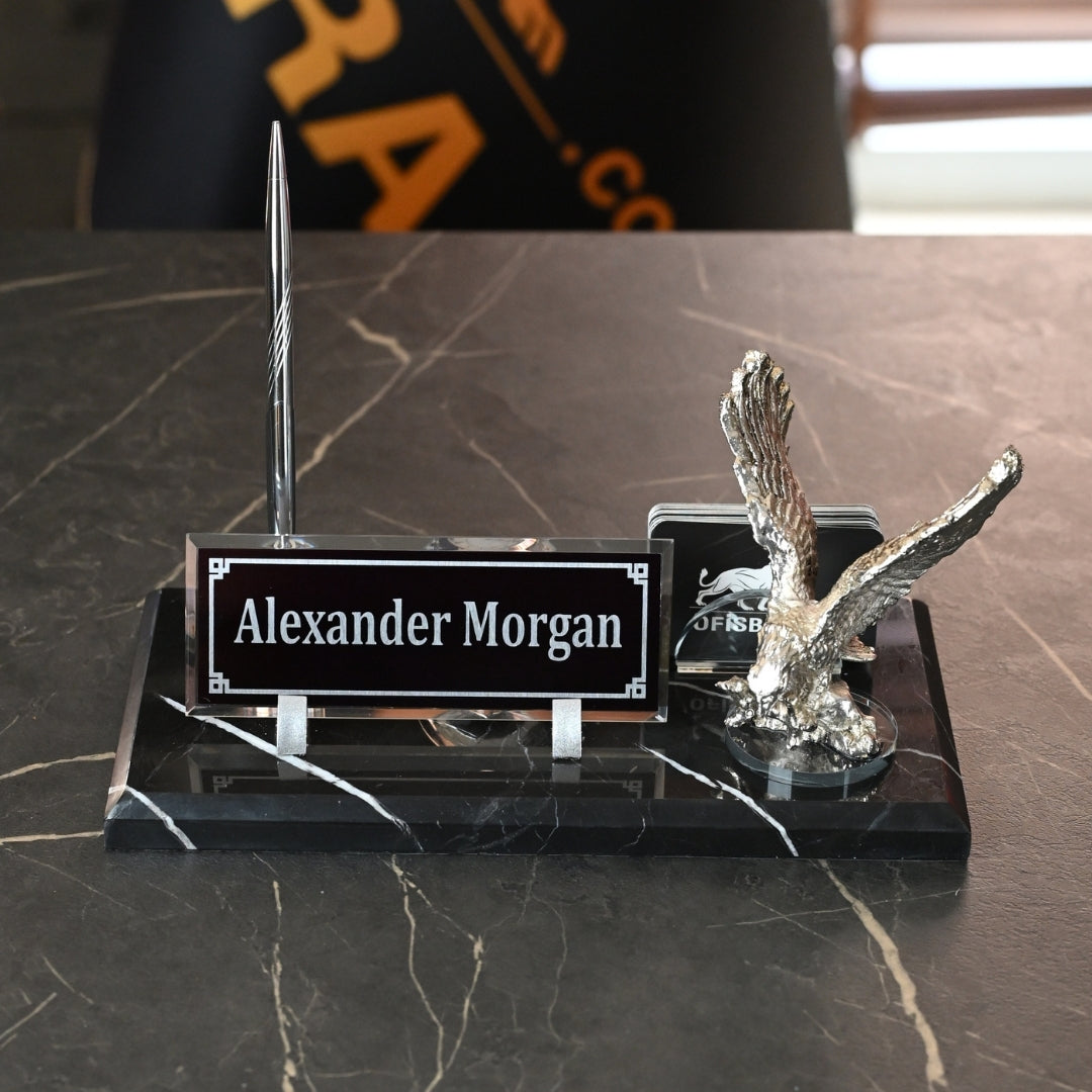 Black Marble Desk Nameplate Set with Winged Eagle Figure & Pen Holder – Personalized