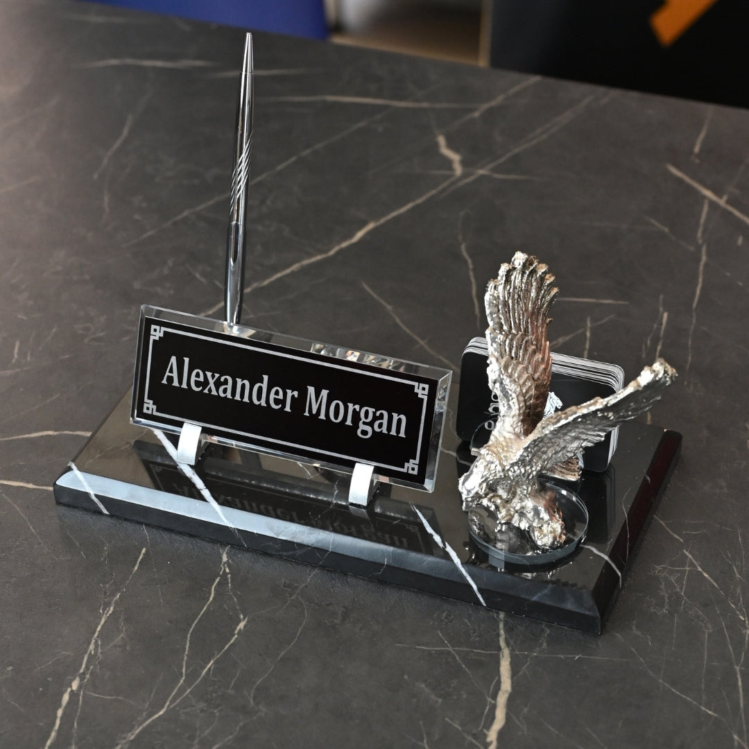 Black Marble Desk Nameplate Set with Winged Eagle Figure & Pen Holder – Personalized
