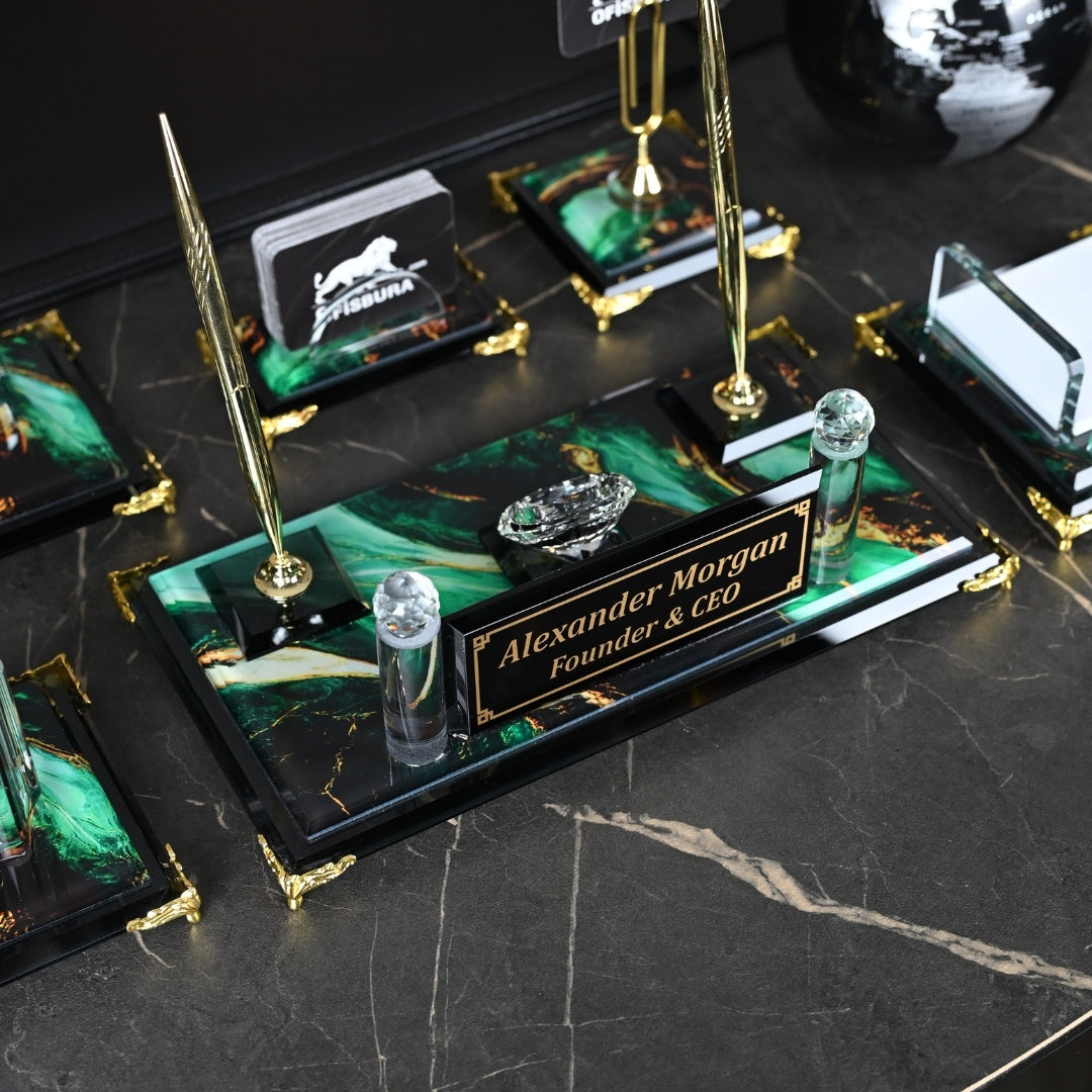 Emerald | Premium Crystal Desk Set & Personalized Nameplate – 15 Pieces