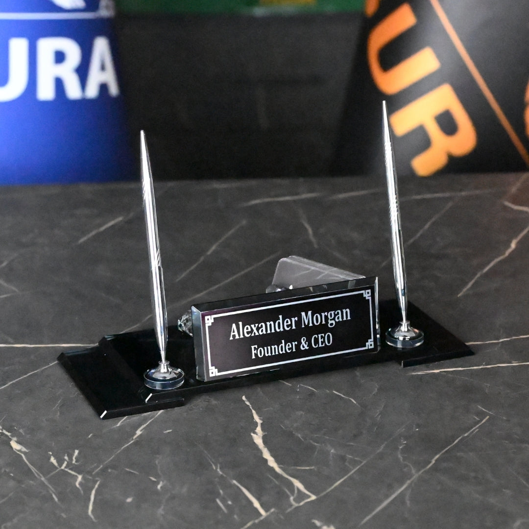VIP Black Crystal Desk Nameplate Set with Dual Pen Holder – Personalized