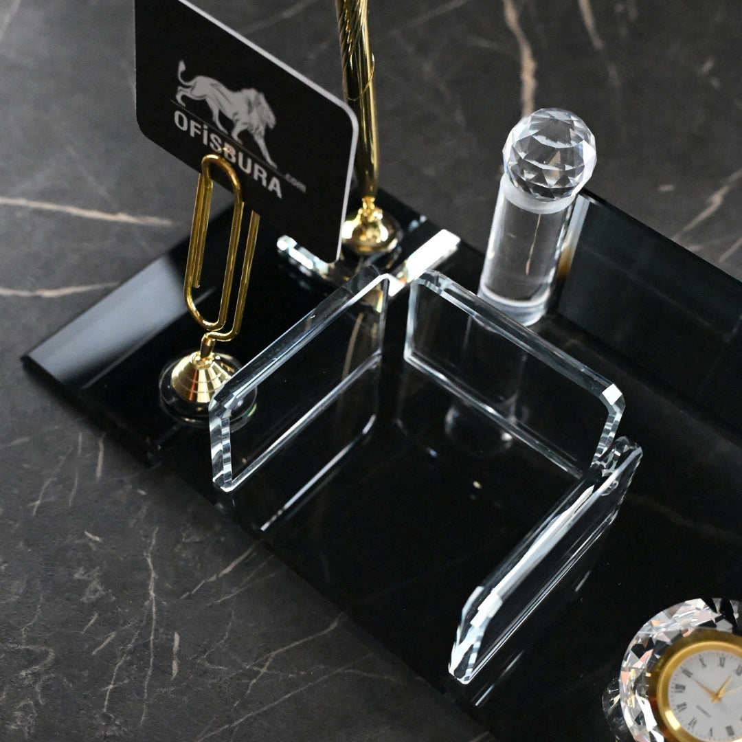 Personalized Crystal Executive Desk Nameplate Set – Black & Gold