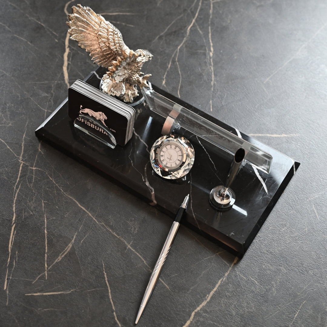 Black Marble Desk Nameplate Set with Winged Eagle Figure & Pen Holder – Personalized