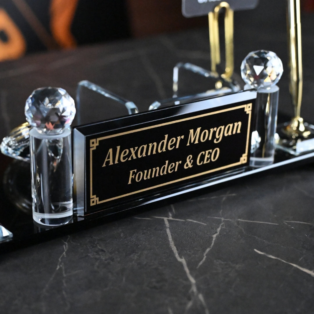Personalized Crystal Executive Desk Nameplate Set – Black & Gold