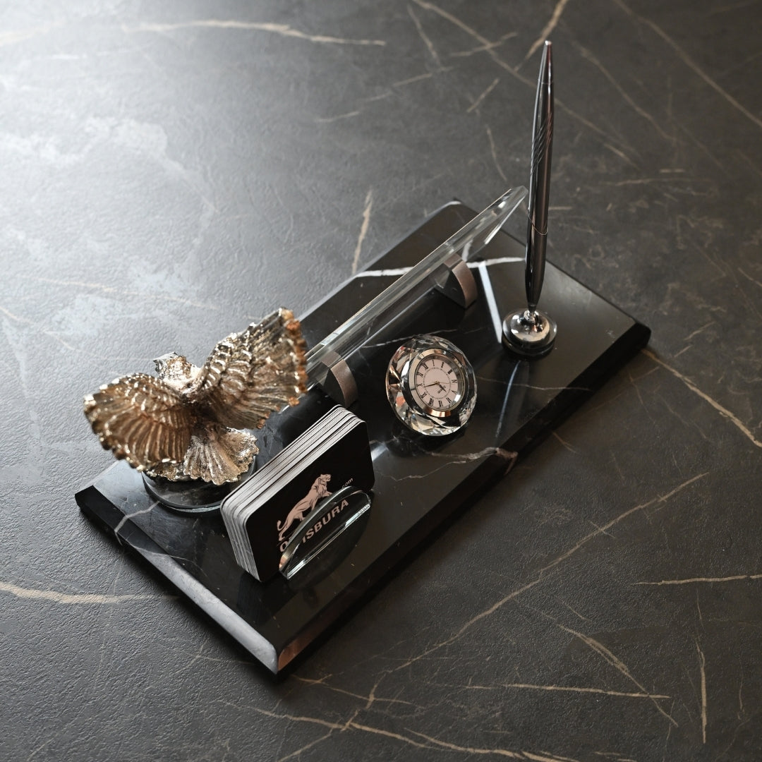 Black Marble Desk Nameplate Set with Winged Eagle Figure & Pen Holder – Personalized