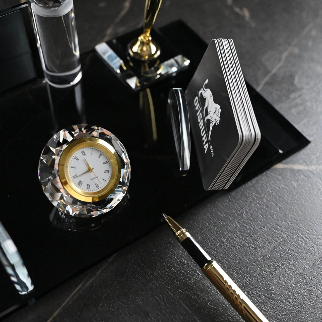 Personalized Crystal Executive Desk Nameplate Set – Black & Gold