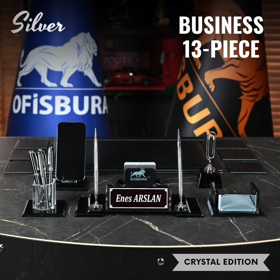 VIP 13-Piece Crystal Executive Desk Set with Personalized Nameplate – Black & Silver