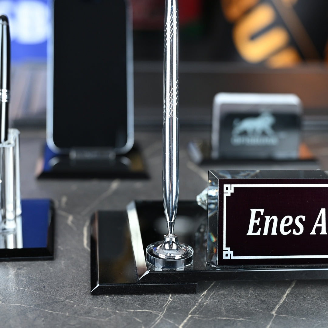 VIP 13-Piece Crystal Executive Desk Set with Personalized Nameplate – Black & Silver